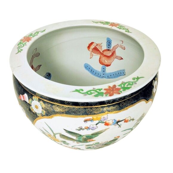 Ceramic Chinese Chinoiserie Fishbowl Floral Bird Motif Vintage Bowl Planter - Picture 3 of 9